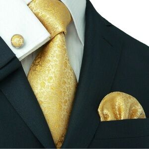 Landisun of Himalaya Elegant Gold Silk Tie and Pocket Square and Cuff Link Set